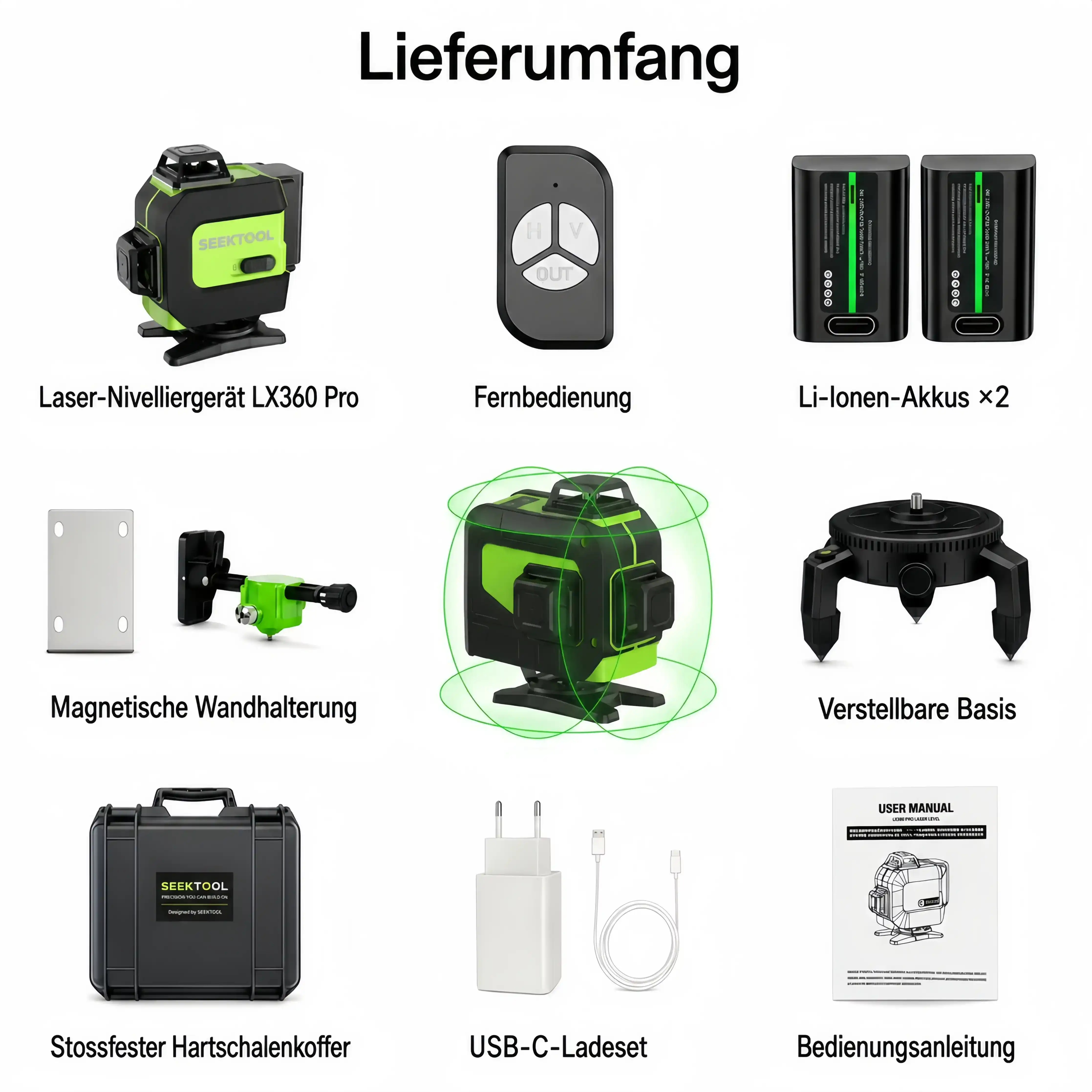 SEEKTOOL LX360 Pro – 4 × 360° grüner Kreuzlinienlaser, 16 Laserlinien