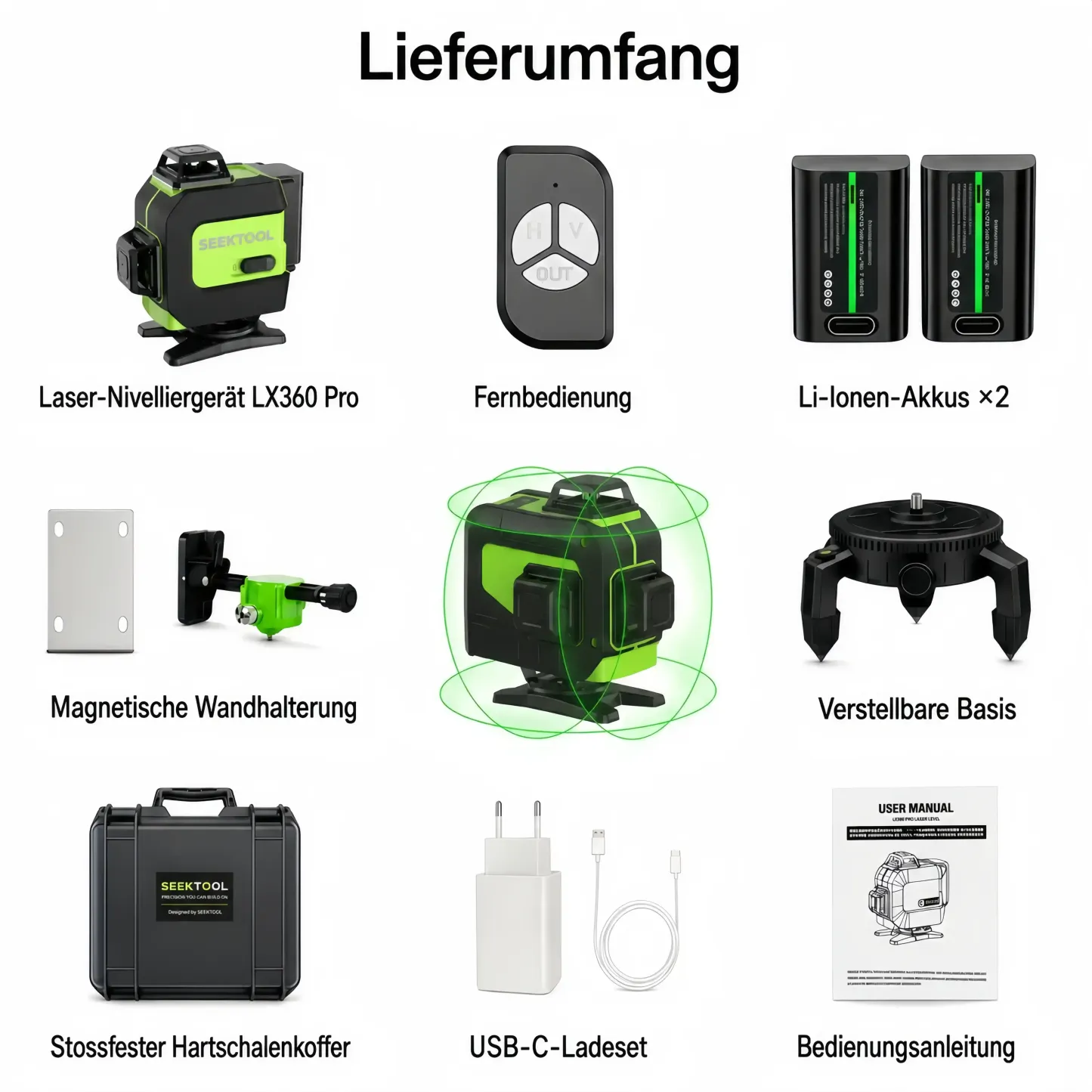 SEEKTOOL LX360 Pro – 4 × 360° grüner Kreuzlinienlaser, 16 Laserlinien