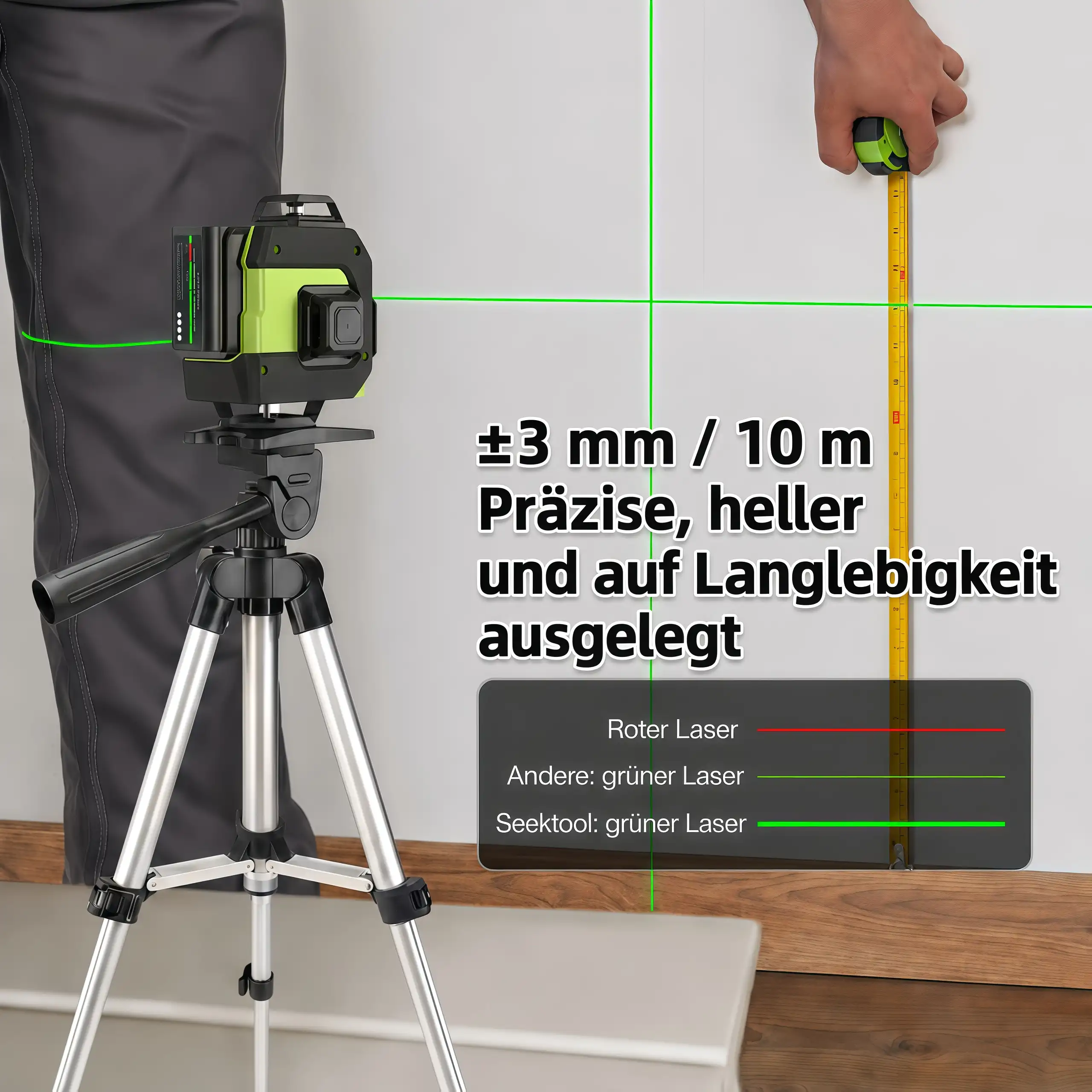 SEEKTOOL LX360 Pro – 4 × 360° grüner Kreuzlinienlaser, 16 Laserlinien