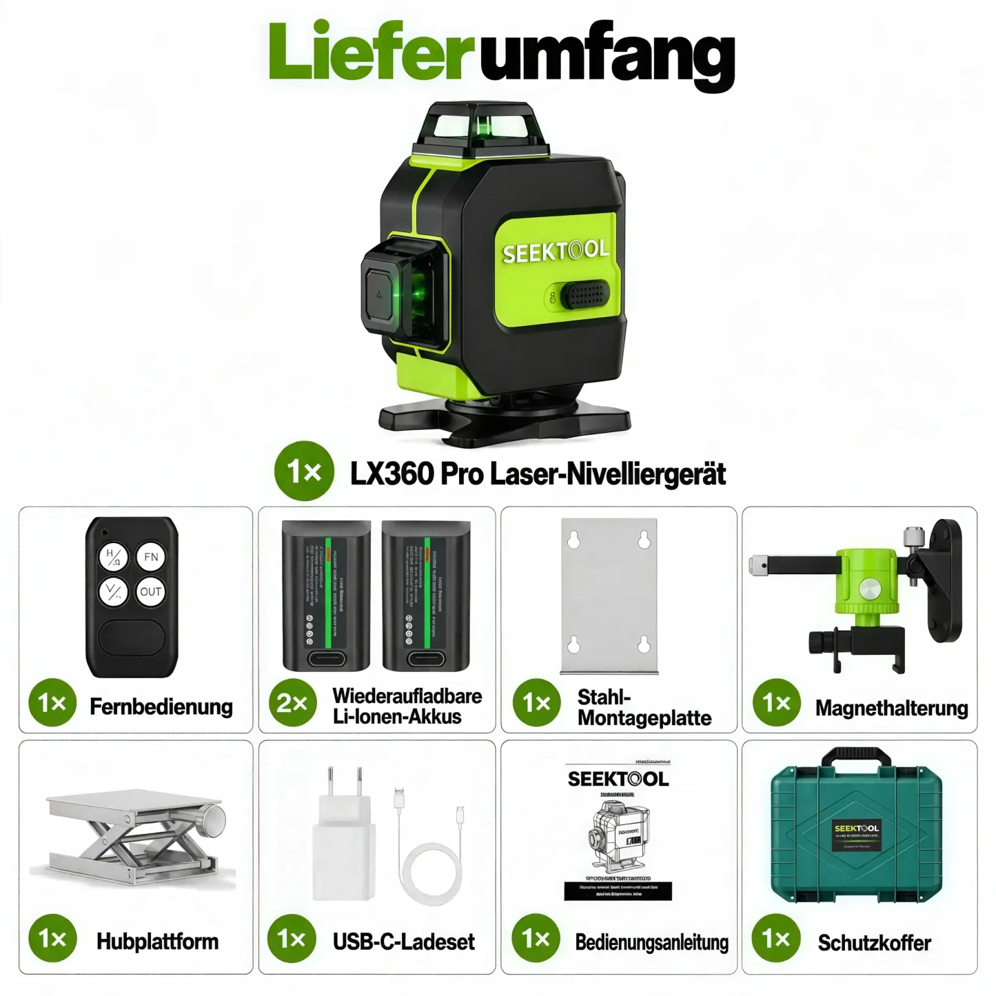 SEEKTOOL LX360 Pro – 4 × 360° grüner Kreuzlinienlaser, 16 Laserlinien