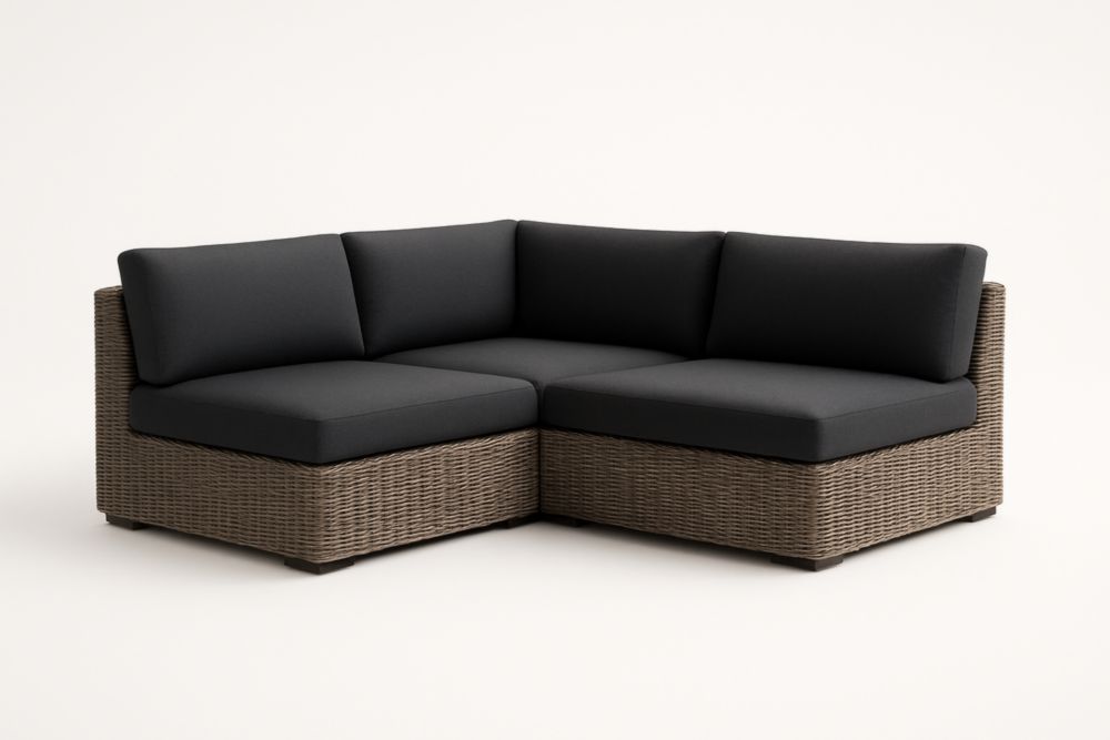 Divano angolare in vimini con cuscini in tessuto poliestere grigio scuro 260x130x85 cm