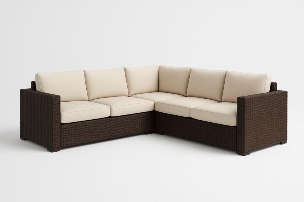 Divano Angolare in Rattan Marrone con Cuscini Beige