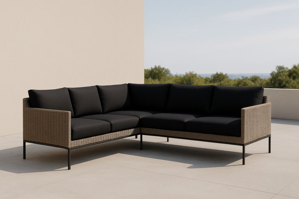 Divano angolare da esterno in rattan sintetico con cuscini in poliestere Nero