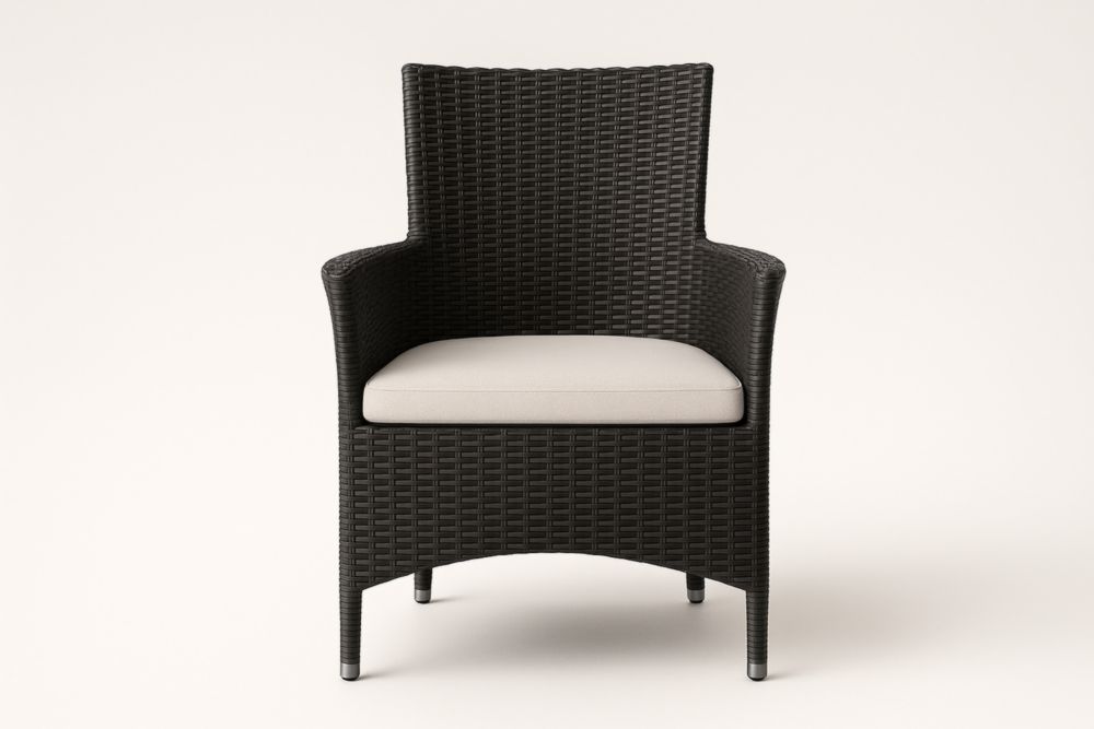 Sedia da giardino in rattan sintetico nero con cuscino bianco