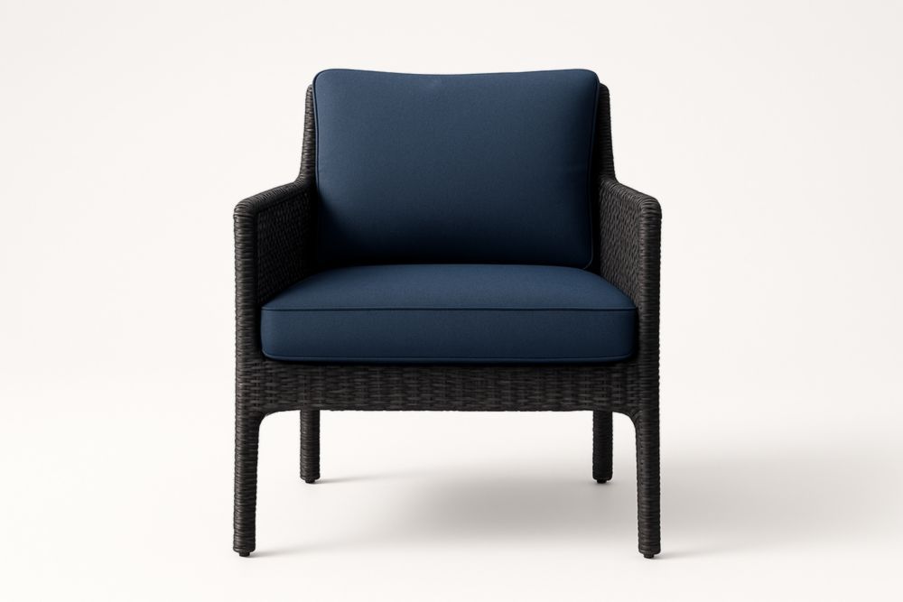 Sedia da giardino in rattan sintetico nero con cuscini in poliestere blu