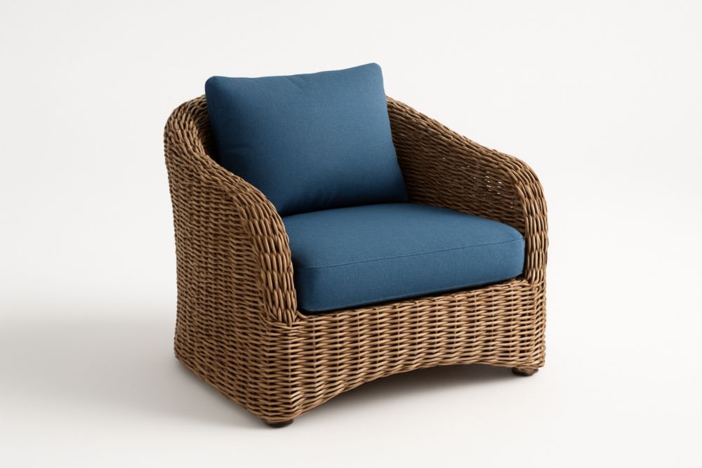 Sedia da giardino in vimini sintetico con cuscini blu