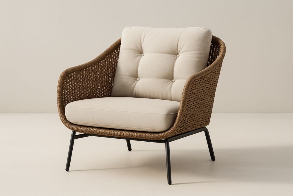 Sedia da giardino in vimini con cuscini in tessuto poliestere beige e struttura in acciaio