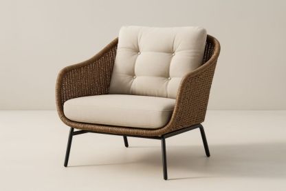 Sedia da giardino in vimini con cuscini in tessuto poliestere beige e struttura in acciaio