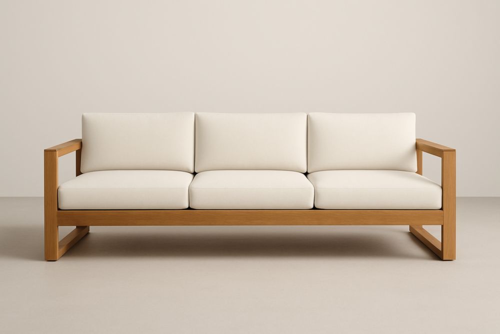 Divano a Tre Posti in Legno di Teak e Tessuto Bianco