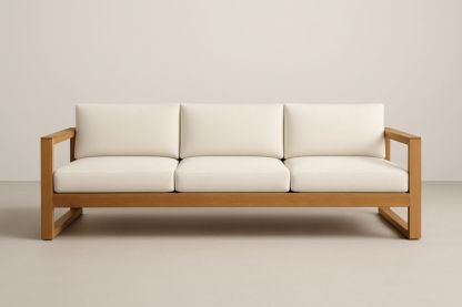 Divano a Tre Posti in Legno di Teak e Tessuto Bianco