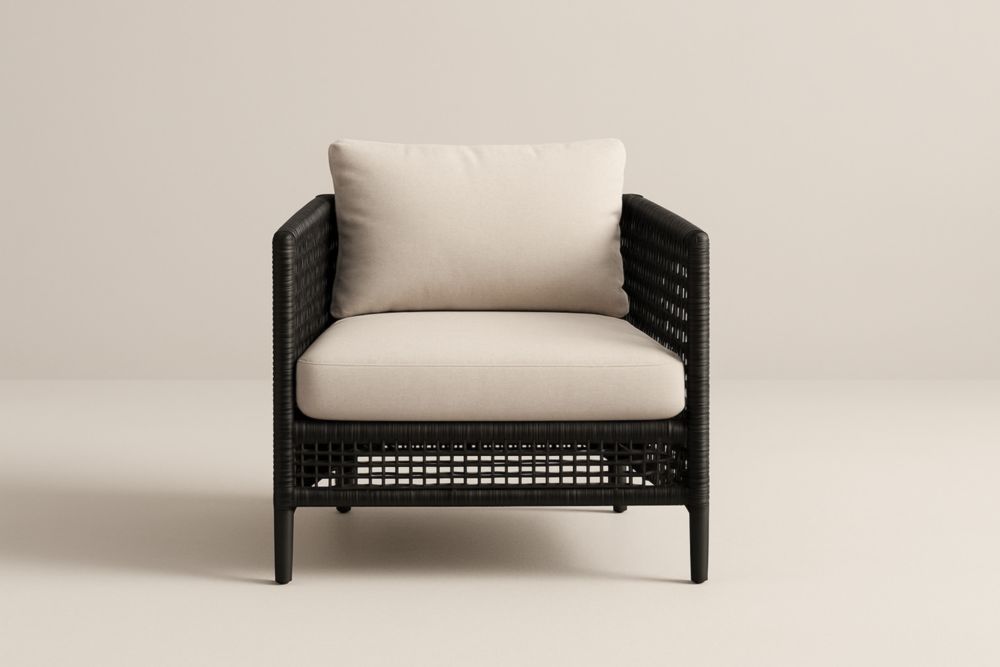 Sedia da giardino in rattan sintetico nero con cuscini in poliestere beige altezza 75 cm