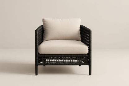 Sedia da giardino in rattan sintetico nero con cuscini in poliestere beige altezza 75 cm