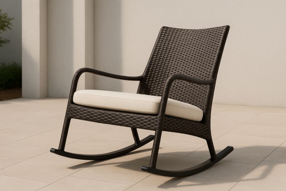 Sedia a Dondolo in Rattan Sintetico Marrone con Cuscino Beige da Esterno