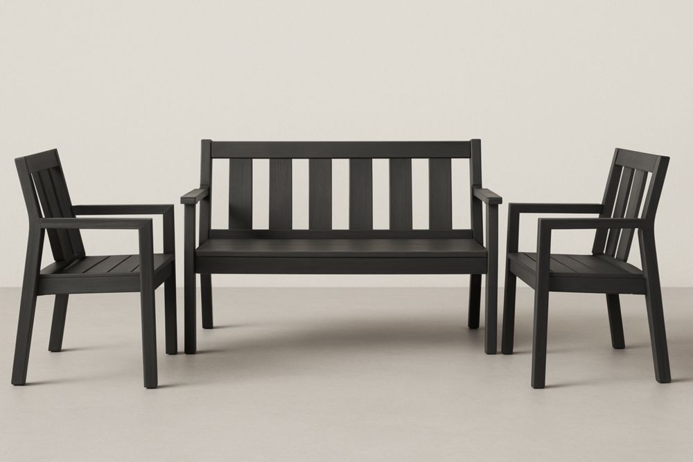 Set in alluminio nero con panchina e sedie