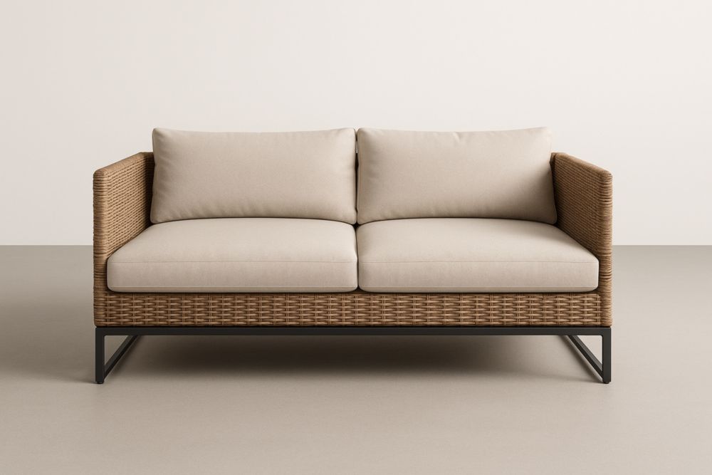 Divano a Due Posti in Rattan Sintetico con Cuscini in Poliestere Beige