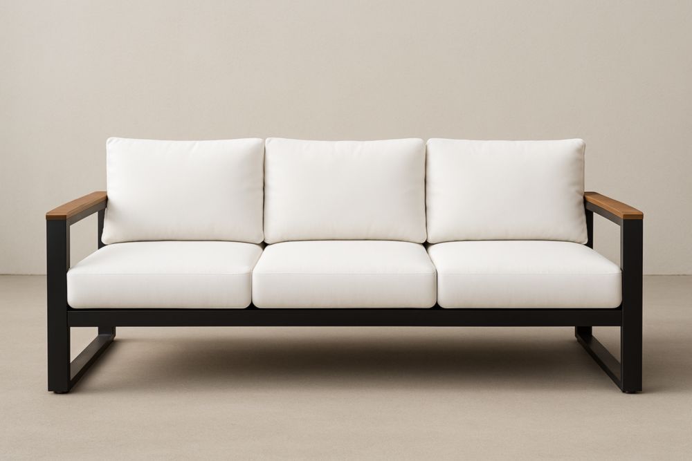 Divano Tre Posti Alluminio Legno Massello Cuscini Bianchi