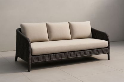 Divano tre posti in rattan sintetico con cuscini beige, 200x80x85 cm