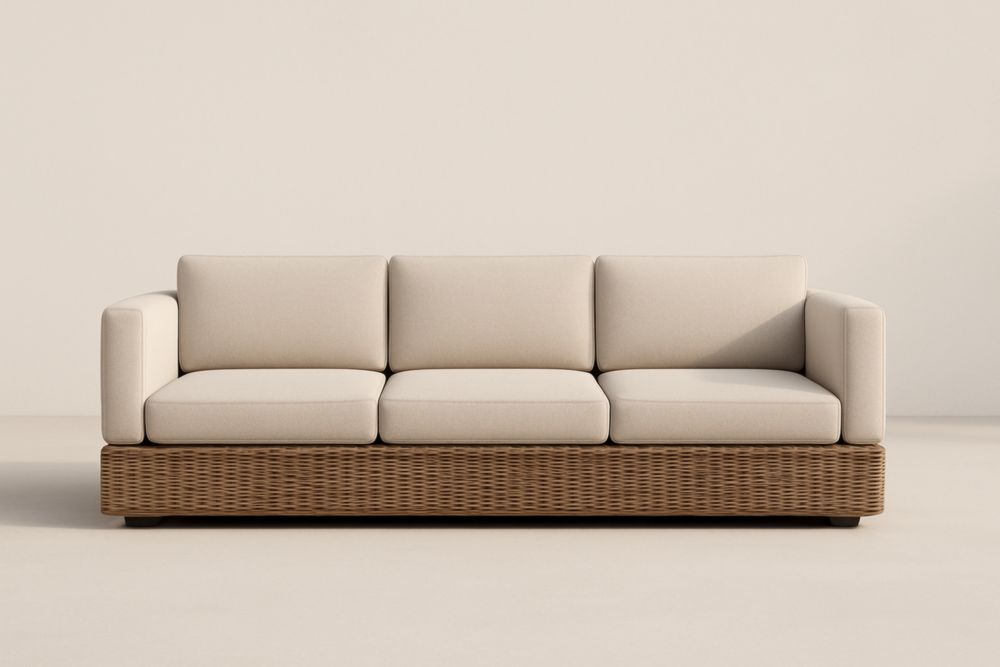 Divano Tre Posti in Rattan con Cuscini Beige