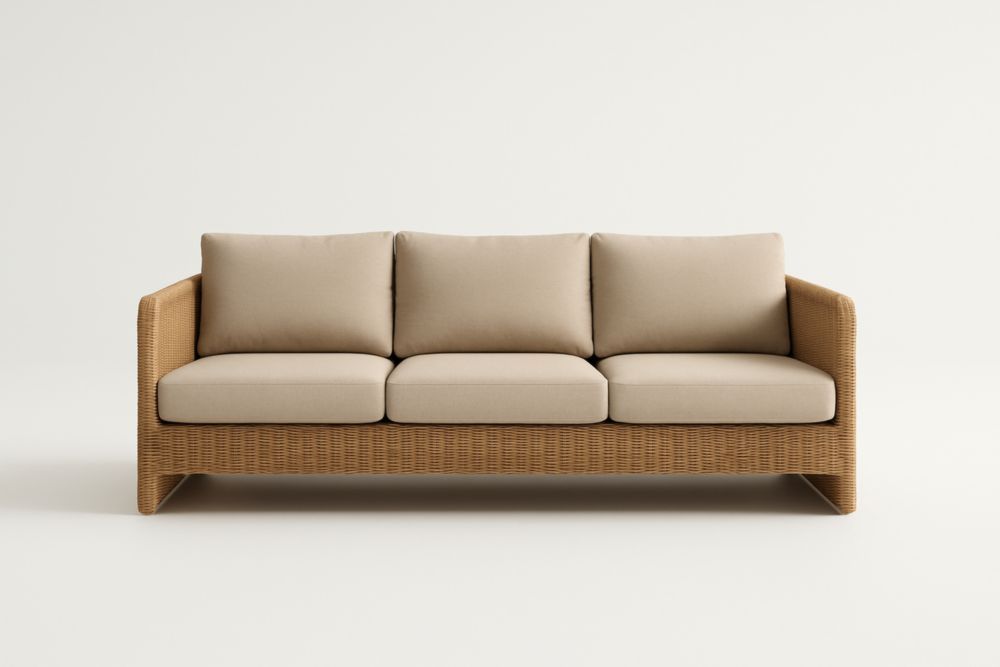 Divano a Tre Posti in Rattan con Cuscini in Poliestere