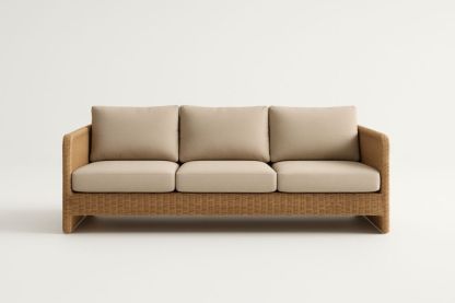 Divano a Tre Posti in Rattan con Cuscini in Poliestere