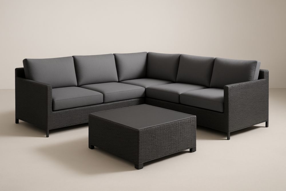 Set Divano Angolare in Rattan con Tavolino Grigio Scuro