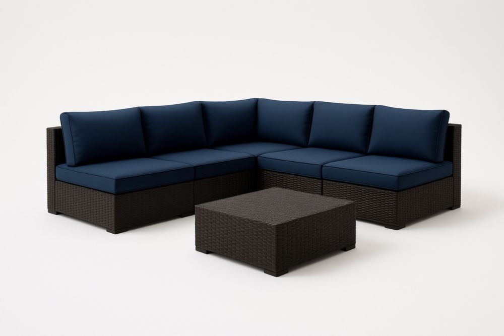 Set Divano Angolare da Esterno in Rattan con Cuscini Blu Scuro