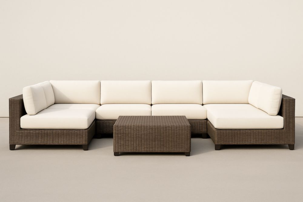 Divano Angolare da Giardino in Rattan Marrone con Cuscini Beige