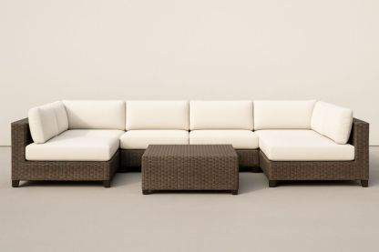 Divano Angolare da Giardino in Rattan Marrone con Cuscini Beige