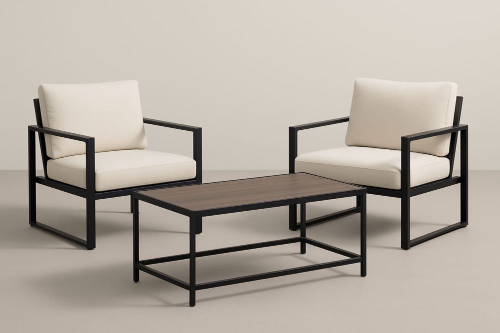 Set di poltrone e tavolino da caffè in acciaio verniciato nero con cuscini crema