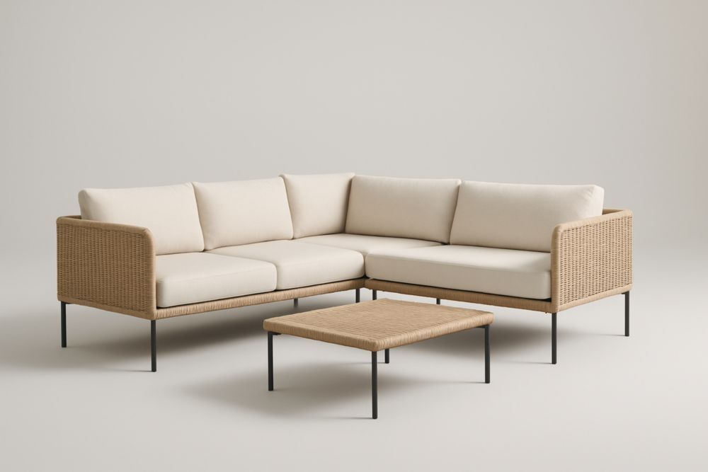 Set Divano Angolare in Rattan Sintetico e Tessuto Crema