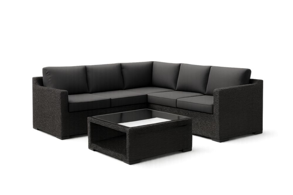 Set Divano Angolare da Giardino in Polietilene con Tavolino in Vetro Temperato Nero