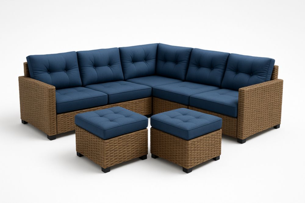 Set divano angolare da esterno in rattan con cuscini blu