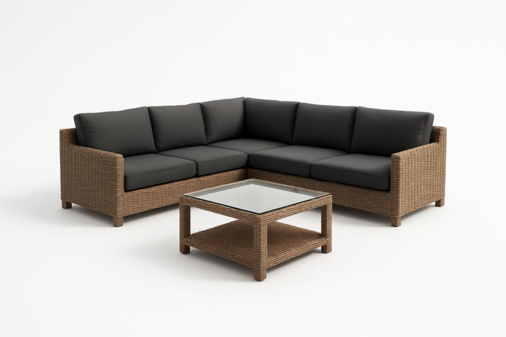 Set divano angolare con tavolino in rattan PE e cuscini grigio scuro