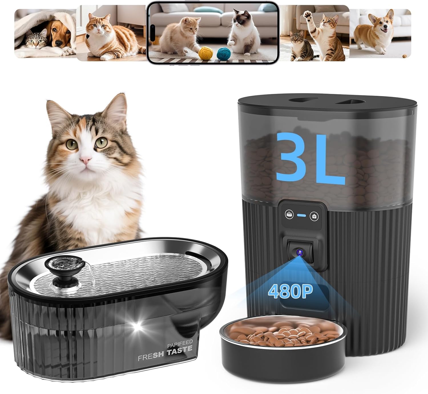 PAPIFEED Smart WiFi Automatic Cat Feeder 3.5L (15 Cups) with App Control & Stainless Steel Bowl