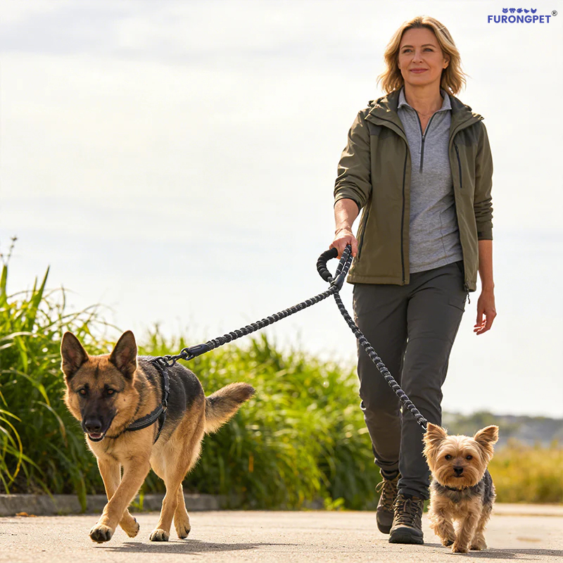 🐶Heavy Duty Dog Leash with Shock Absorbing Bungee for Walking 2 Dogs (25-150 lbs)