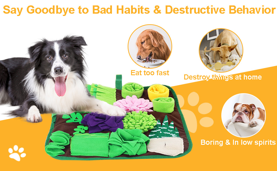 Interactive dog snuffle mat with pockets and textures for mental stimulation. Includes images of dogs and text about addressing bad habits.
