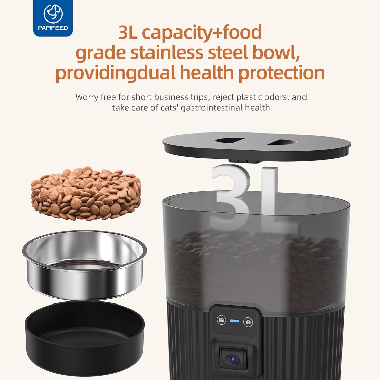 PAPIFEED Smart WiFi Automatic Cat Feeder 3.5L (15 Cups) with App Control & Stainless Steel Bowl