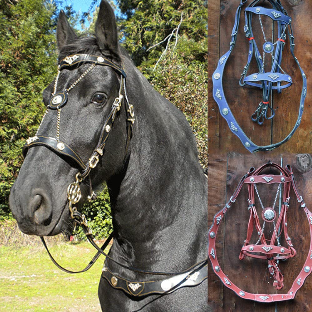 Leather Horse Halter with Adjustable Metal Buckle Outdoor Riding Universal Bridle for Horses,Blue