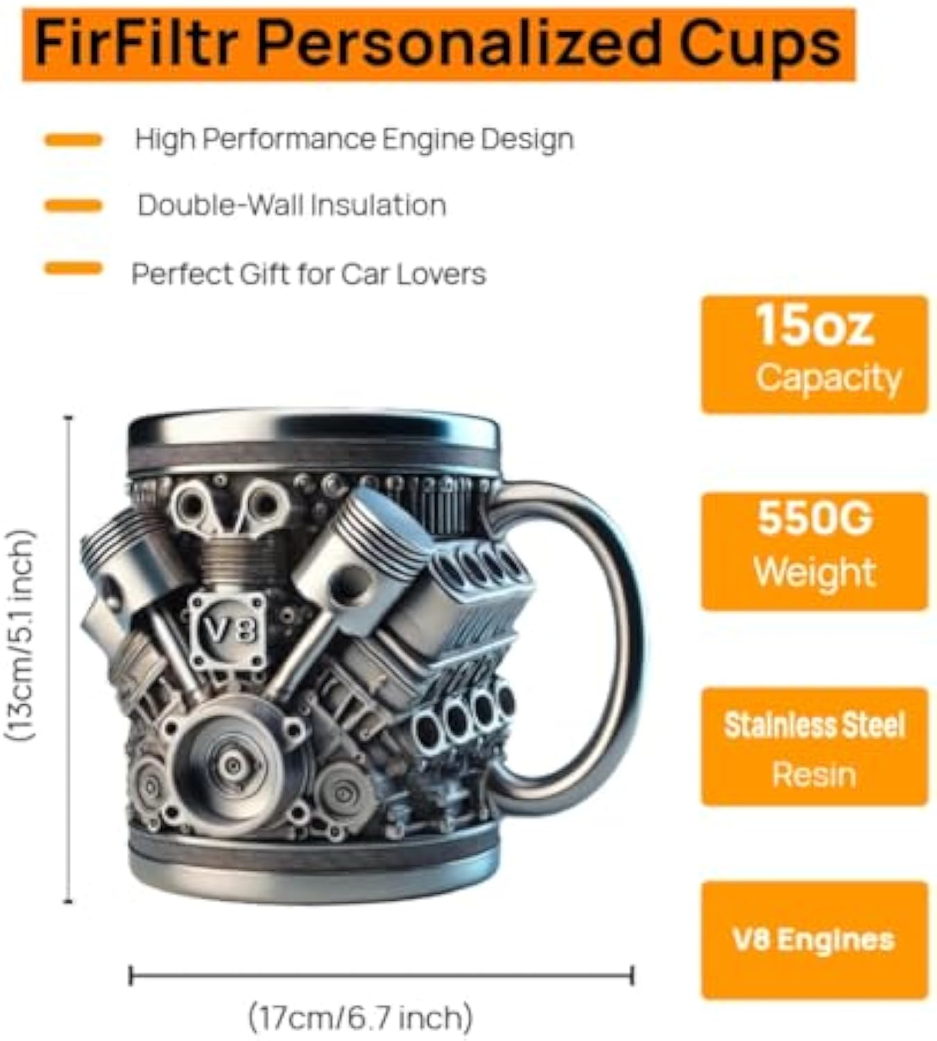 V8 engine-shaped mug, stainless steel, insulated 🥃