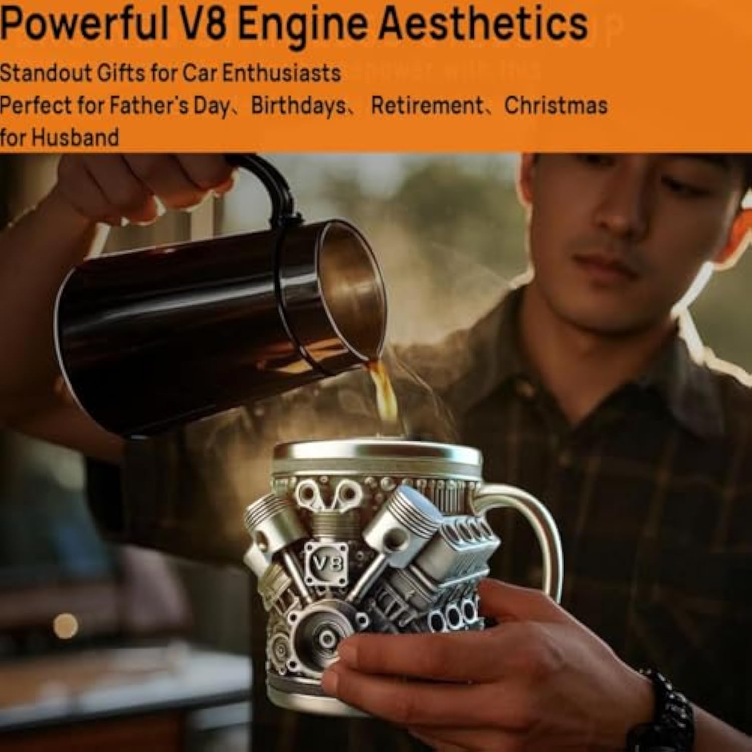 V8 engine-shaped mug, stainless steel, insulated 🥃