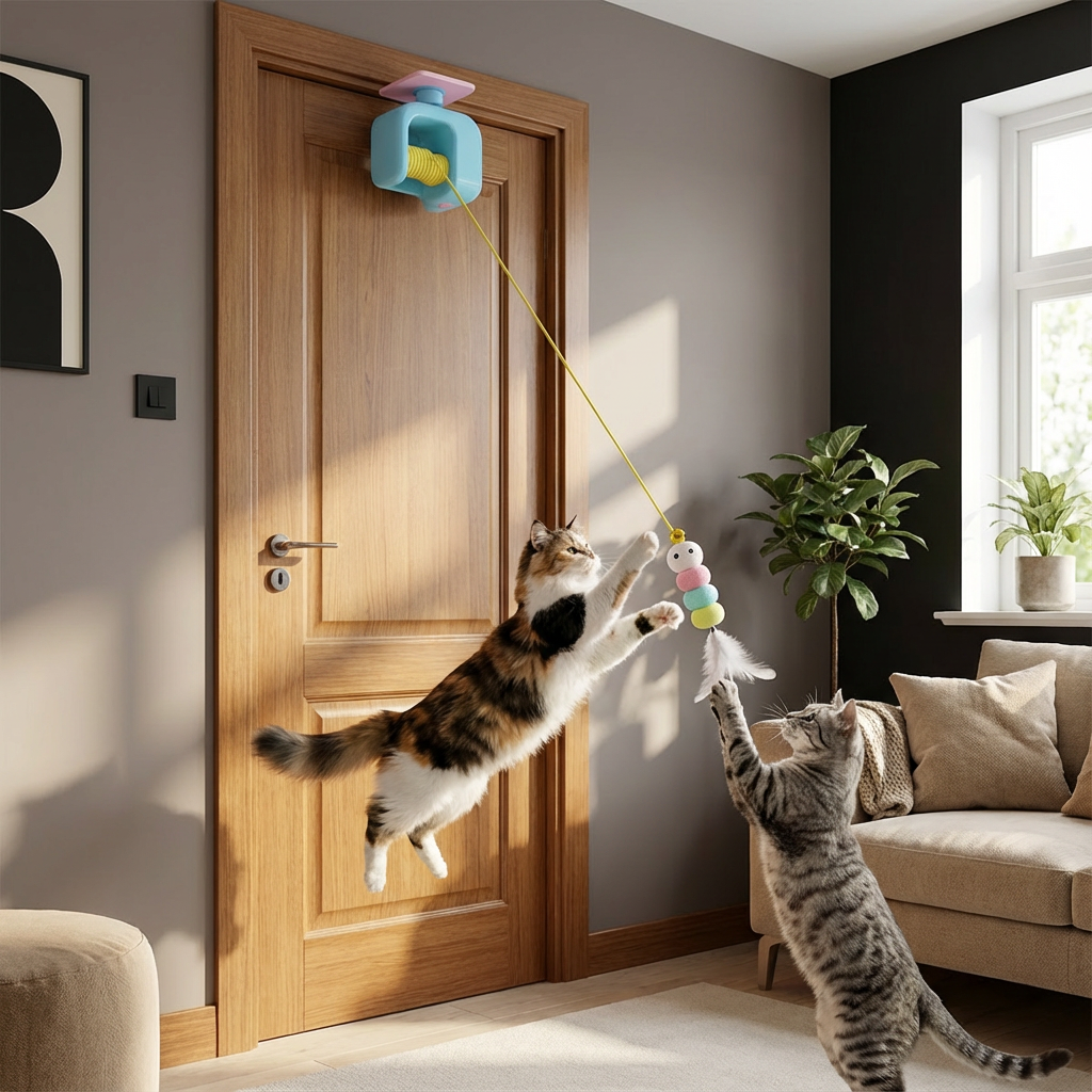 Interactive door yo-yo cat toy with self-play function