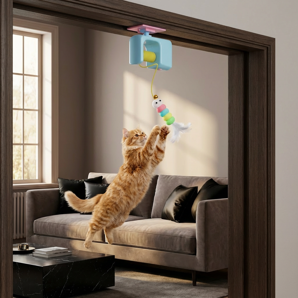 Interactive door yo-yo cat toy with self-play function