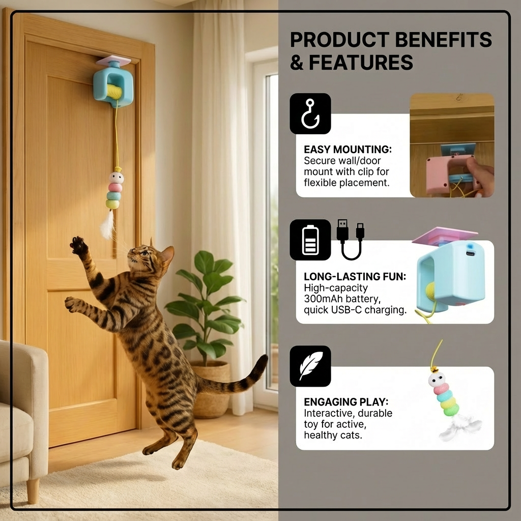 Interactive door yo-yo cat toy with self-play function