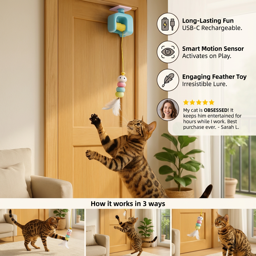 Interactive door yo-yo cat toy with self-play function