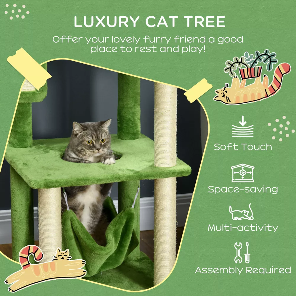 Cat Tree Tower—Scratching Post, Hammock, Ball, Platforms, Green
