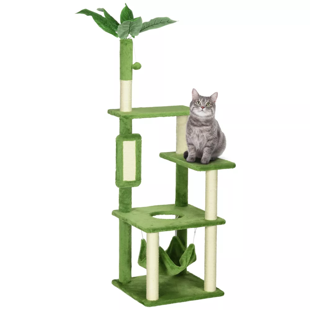 Cat Tree Tower—Scratching Post, Hammock, Ball, Platforms, Green