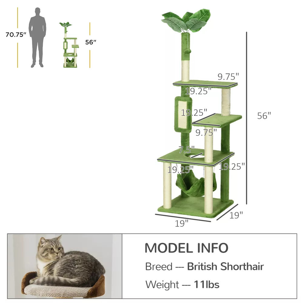 Cat Tree Tower—Scratching Post, Hammock, Ball, Platforms, Green
