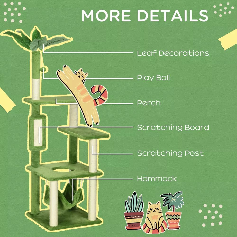 Cat Tree Tower—Scratching Post, Hammock, Ball, Platforms, Green