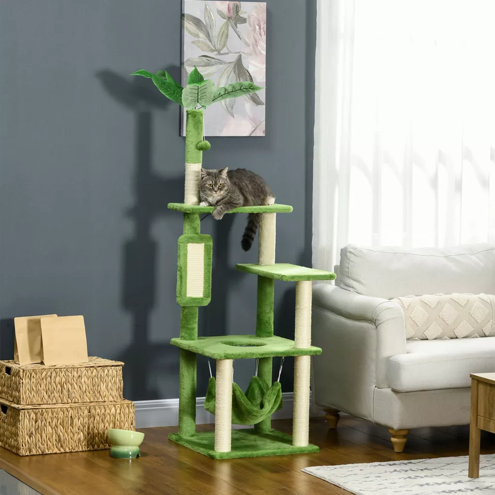 Cat Tree Tower—Scratching Post, Hammock, Ball, Platforms, Green