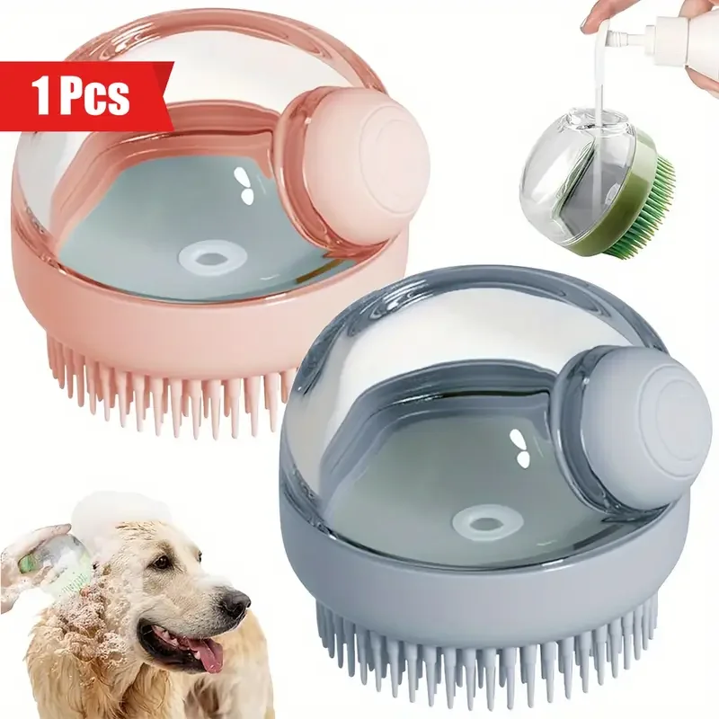1 pcs dog bath brush with soap dispenser silicone bristle pet grooming massage shampoo brush for long short haired dogs and cats uncharged plastic bathing tool details 1